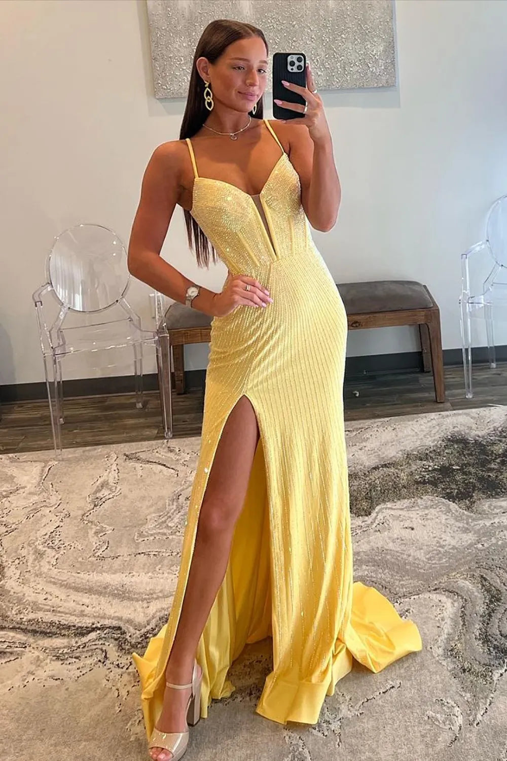 Sparkly Mermaid Spaghetti Straps Red Long Beaded Prom Dress with Beading Slit