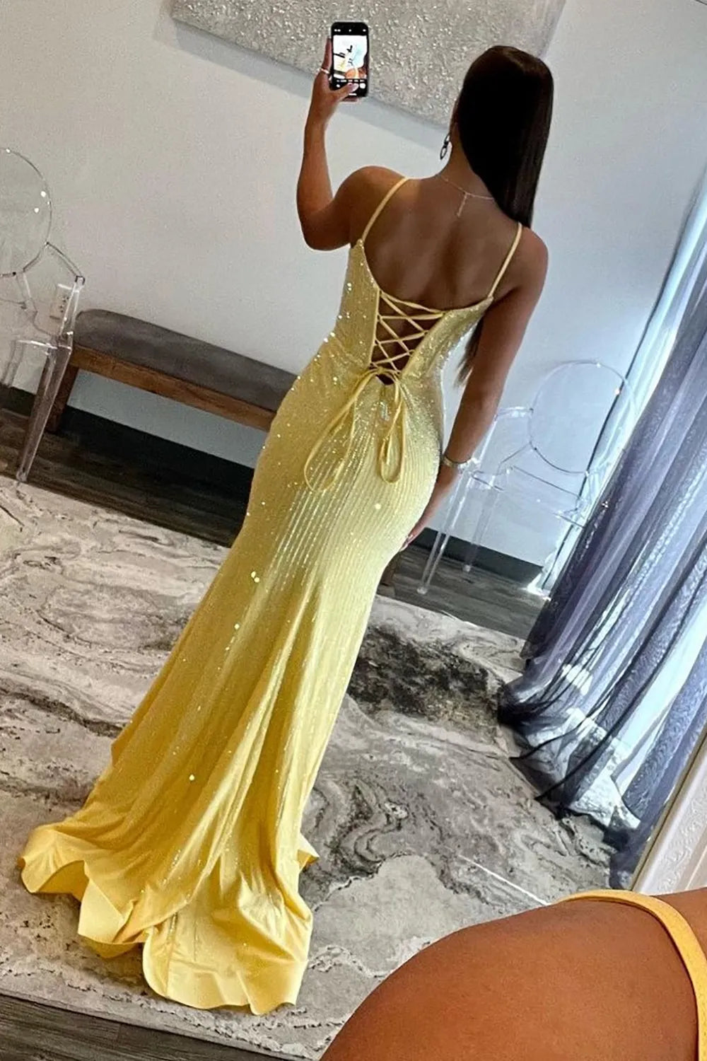 Sparkly Mermaid Spaghetti Straps Red Long Beaded Prom Dress with Beading Slit