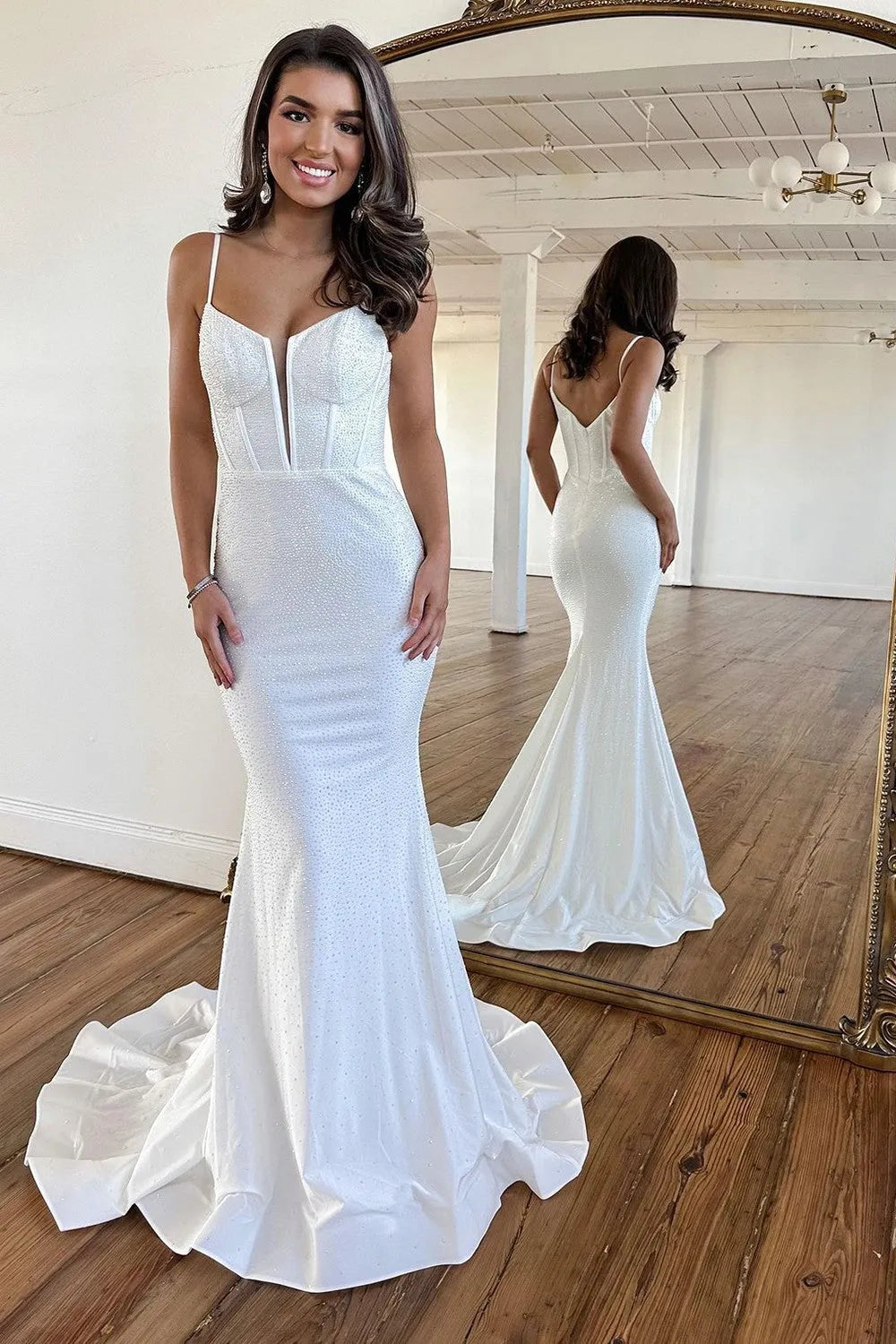 Shining Beaded Mermaid Prom Dress with Long Corset Bodice and Spaghetti Straps