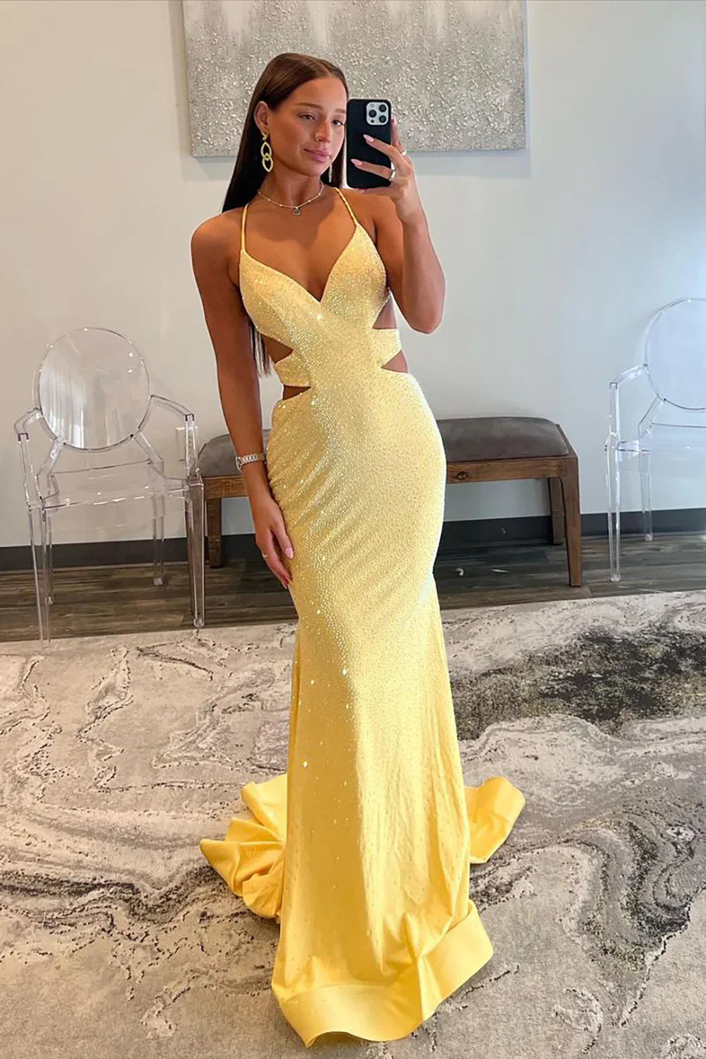 Furlla Women Yellow Mermaid Prom Dress with Cutout Waist Lace Up Corset and Beaded Details Furlla Official Furlla Women Yellow Mermaid Prom Dress with Cutout Waist Lace Up Corset and Beaded Details Furlla Official