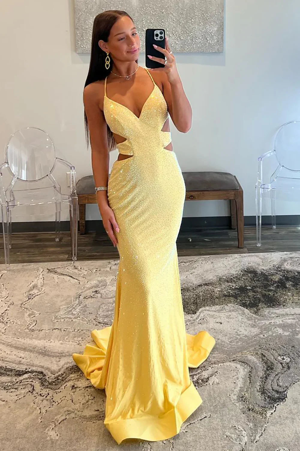 yellow mermaid prom dress Yellow Mermaid Lace Puffy Tulle Open back Long Prom Party Gowns