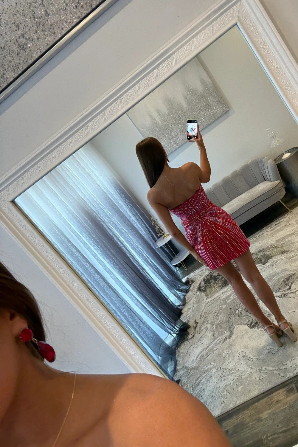 Shiny Bodycon Strapless Zipper Back Short Beaded Homecoming Dress with Slit