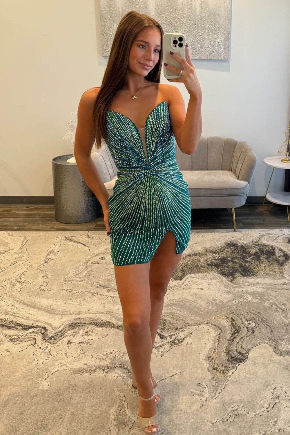 Shiny Bodycon Strapless Zipper Back Short Beaded Homecoming Dress with Slit
