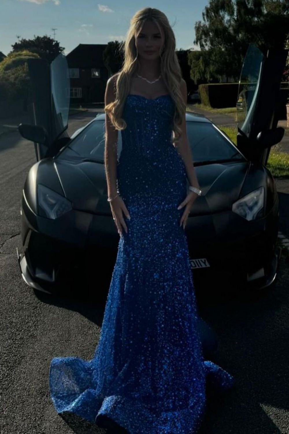 Bling Mermaid Spaghetti Straps Light Blue Sequins Long Prom Dress