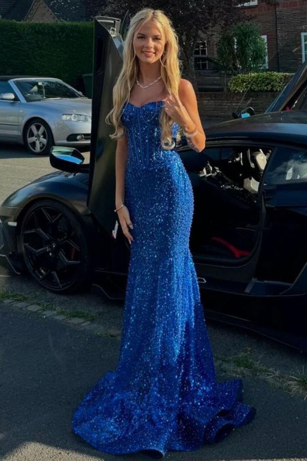 Bling Mermaid Spaghetti Straps Light Blue Sequins Long Prom Dress