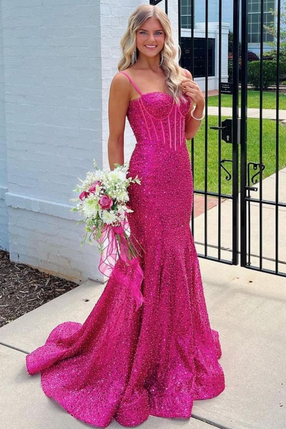 Bling Mermaid Spaghetti Straps Light Blue Sequins Long Prom Dress