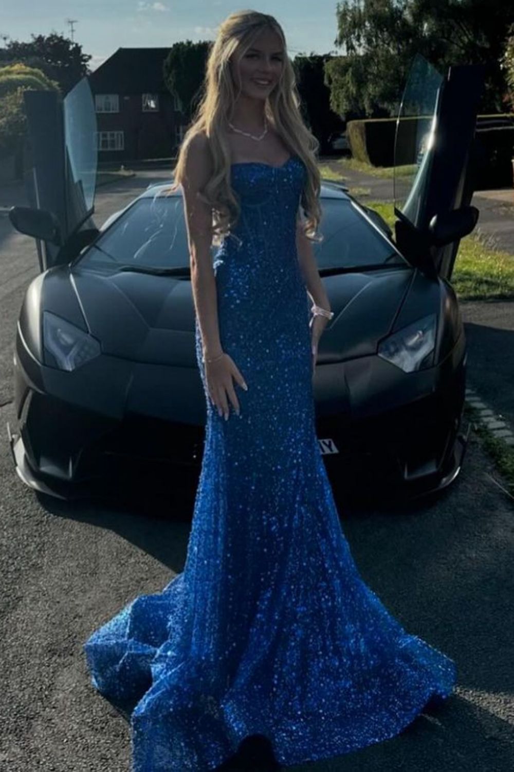Bling Mermaid Spaghetti Straps Light Blue Sequins Long Prom Dress