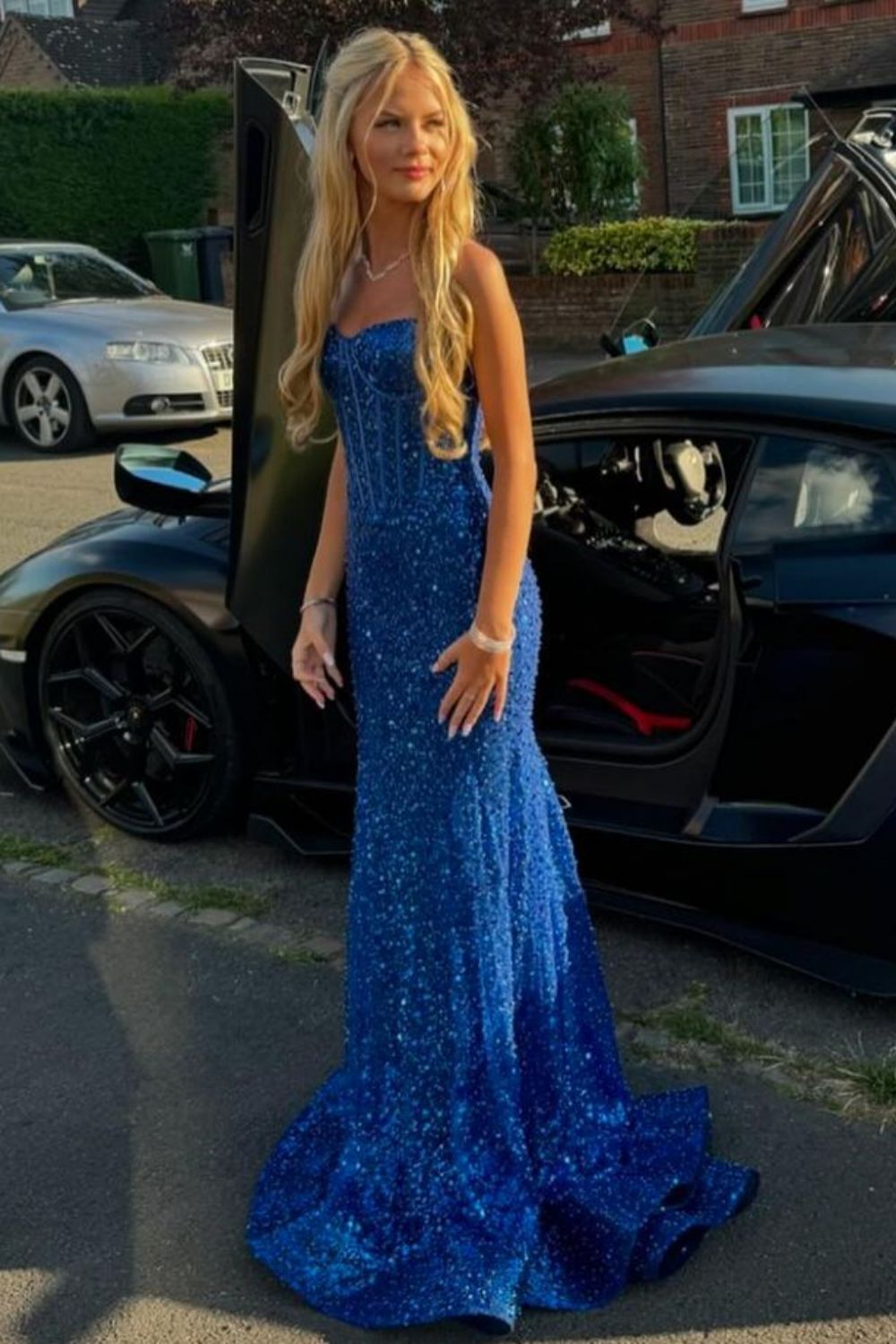 Bling Mermaid Spaghetti Straps Light Blue Sequins Long Prom Dress