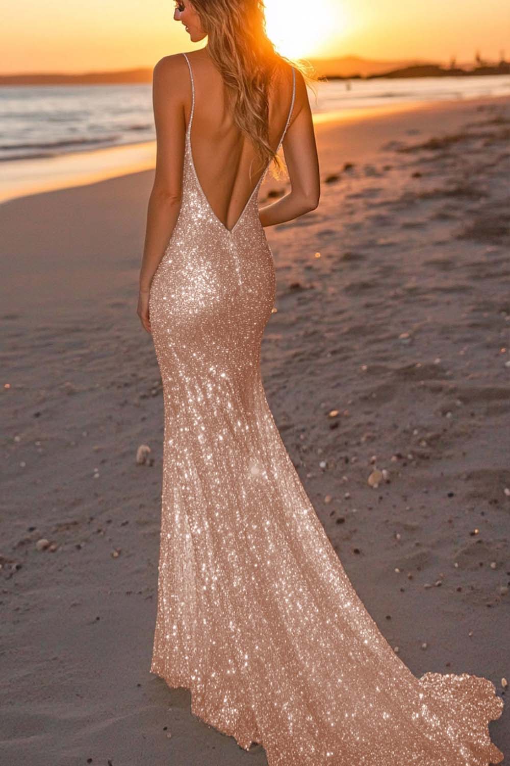 Furlla Women Silver Glitter Mermaid Backless Long Prom Dress with Deep