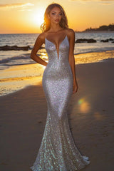 Silver Glitter Mermaid Backless Long Prom Dress with Deep V Neck