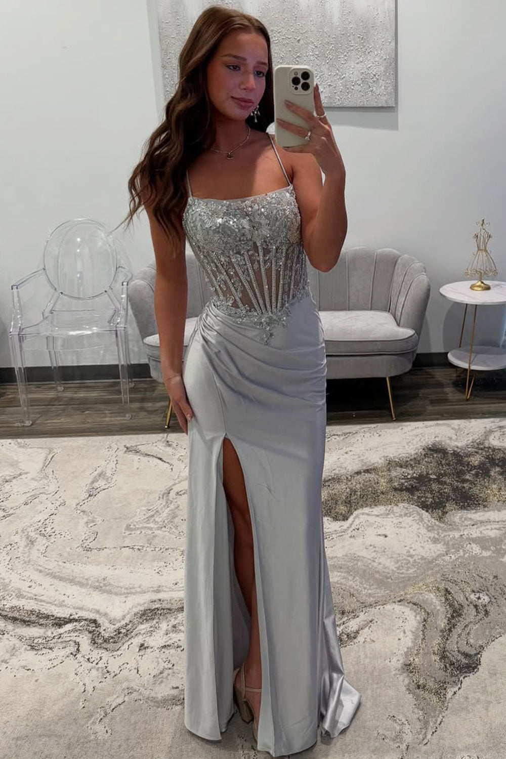 Silver Sequin-Embroidered Prom Dress with Crisscross Back & Slit Skirt