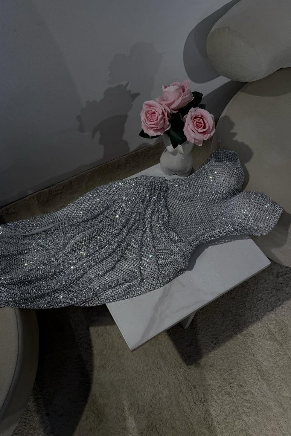 Silver Strapless Sequin Mermaid Prom Dress with High Slit and Draped Detail