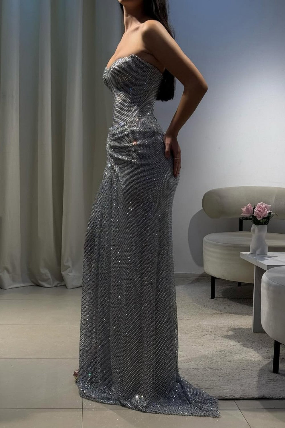 Silver Strapless Sequin Mermaid Prom Dress with High Slit and Draped Detail