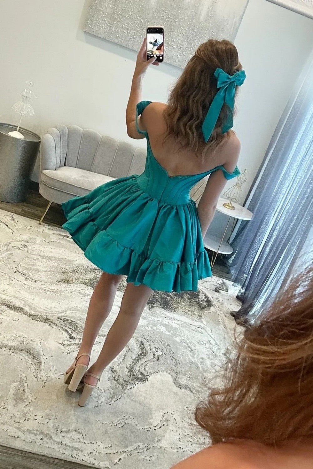 Simple A-Line Off The Shoulder Zipper Back Short Satin Homecoming Dress