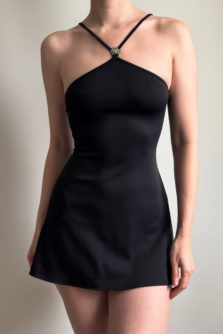 Simple A Line Halter Neck Black Short Homecoming Dress with Button