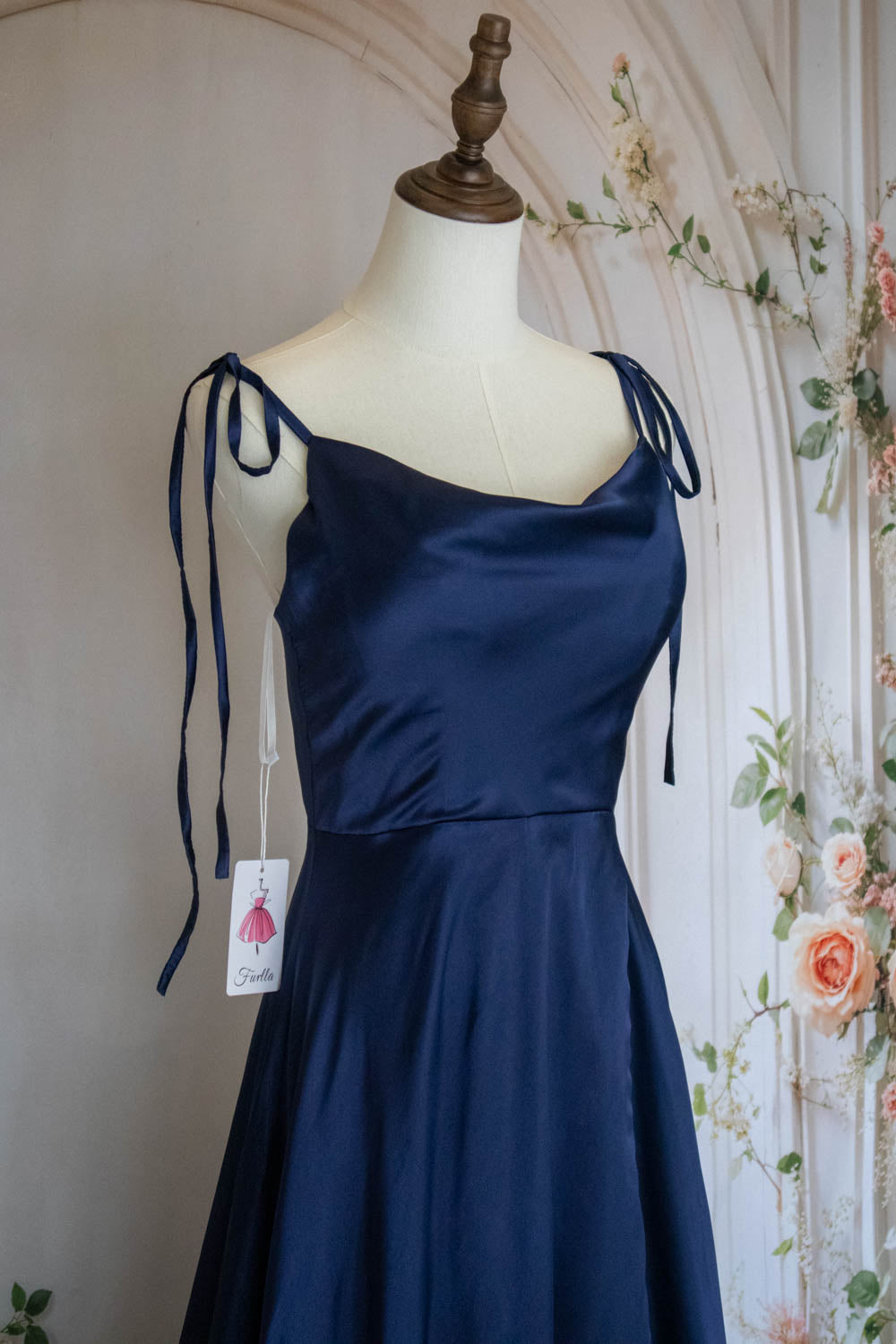 Simple A Line Spaghetti Straps Navy Blue Long Prom Dress with Split Front