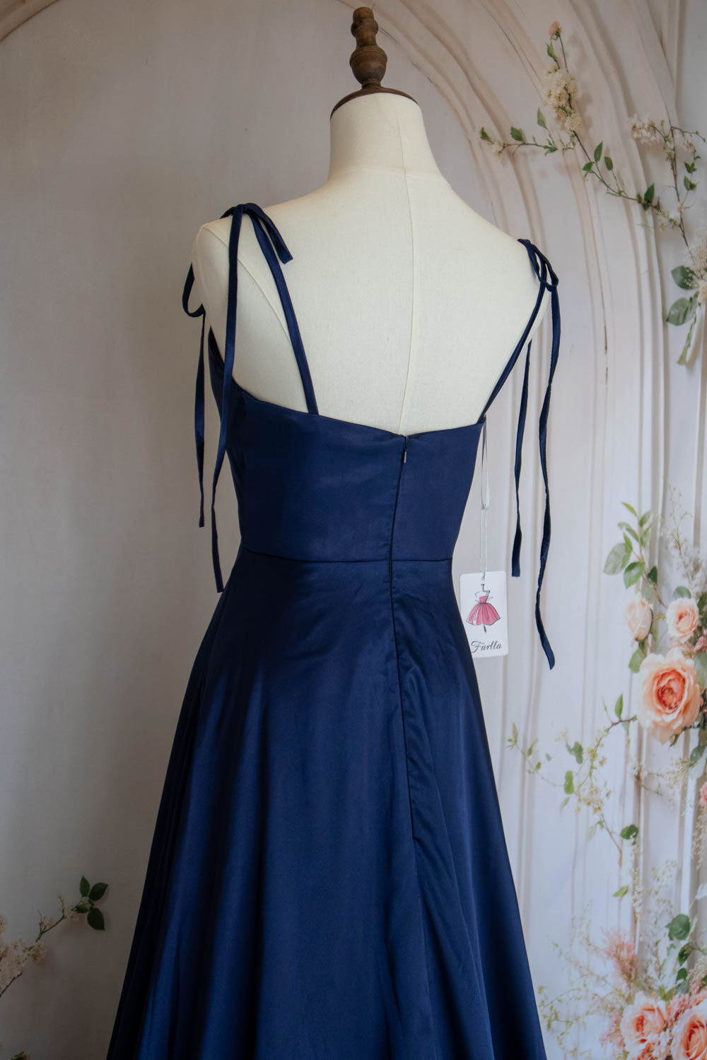 Simple A Line Spaghetti Straps Navy Blue Long Prom Dress with Split Front