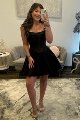 Simple Satin Square Neck Corset Homecoming Dress with Beaded Trim