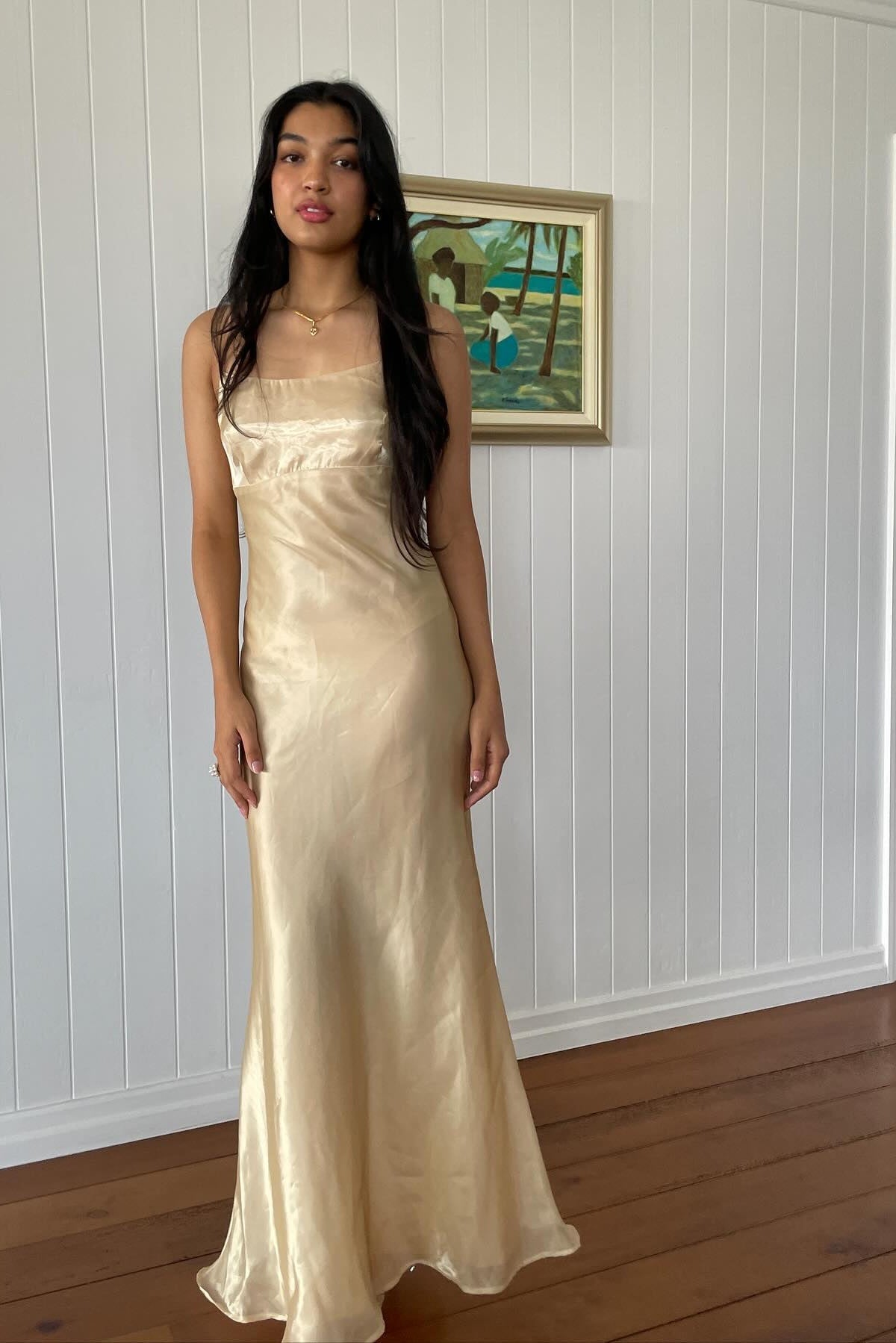 Simple Sheath Spaghetti Straps Champagne Long Party Dress with Backless