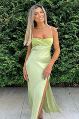 Simple Sheath Spaghetti Straps Mint Green Long Prom Dress with Split Front