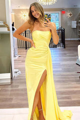 Yellow Strapless Satin Prom Dress with Long Silhouette and Side Slit