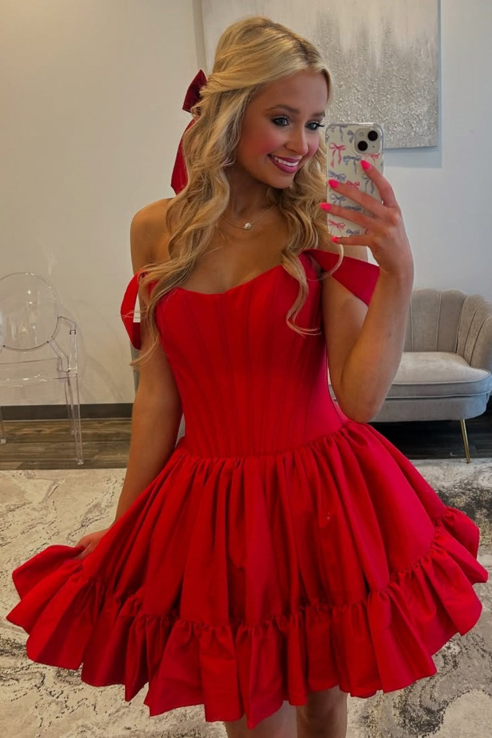 Simple A-Line Off The Shoulder Zipper Back Short Satin Homecoming Dress