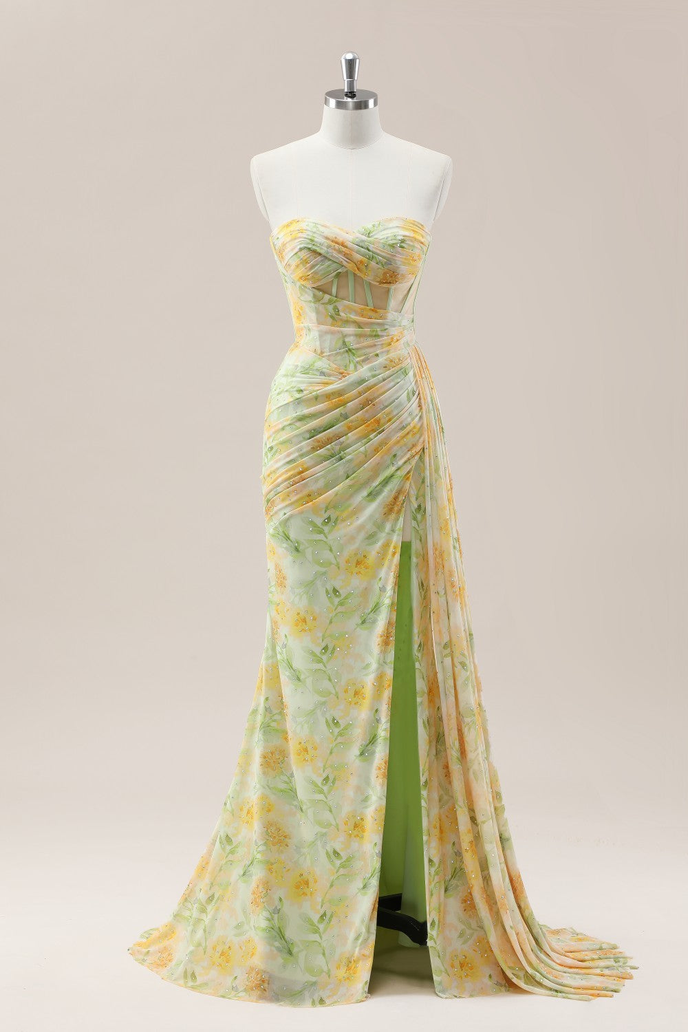Yellow Sweetheart Ruched Mermaid Gown with Glitter Floral Pattern and High Slit