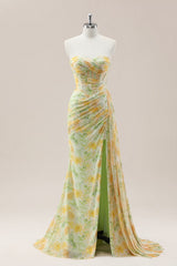 Yellow Sweetheart Ruched Mermaid Gown with Glitter Floral Pattern and High Slit