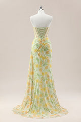 Yellow Sweetheart Ruched Mermaid Gown with Glitter Floral Pattern and High Slit
