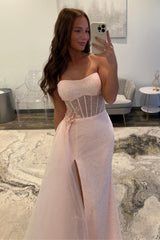Soft Pink Sparkly Strapless Corset Mermaid Prom Dress with Side Tulle Train