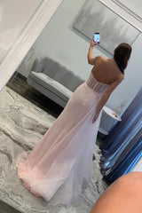 Soft Pink Sparkly Strapless Corset Mermaid Prom Dress with Side Tulle Train