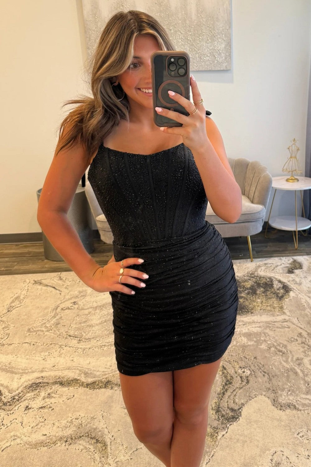 Sparkle Ruched Bodycon Beaded Homecoming Dress with Corset Bodice and Tie Straps