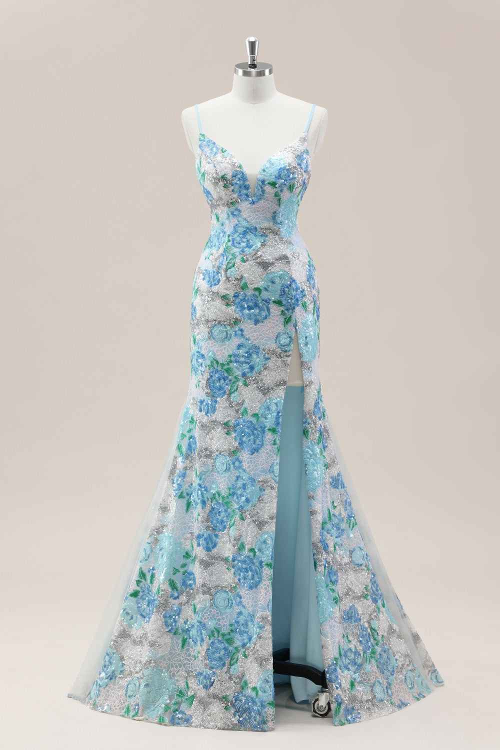 Sparkling Blue Flower Sequin Mermaid Prom Gown with Spaghetti Straps and Slit