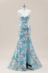 Sparkling Blue Flower Sequin Mermaid Prom Gown with Spaghetti Straps and Slit