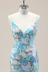 Sparkling Blue Flower Sequin Mermaid Prom Gown with Spaghetti Straps and Slit