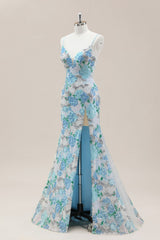 Sparkling Blue Flower Sequin Mermaid Prom Gown with Spaghetti Straps and Slit