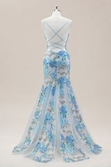 Sparkling Blue Flower Sequin Mermaid Prom Gown with Spaghetti Straps and Slit