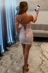 Sparkling Off The Shoulder Bodycon Homecoming Dress with Pearl Embellishments