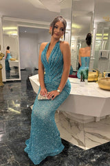 Sparkly Blue Halter Mrmaid Prom Gown with Plunging Neckline