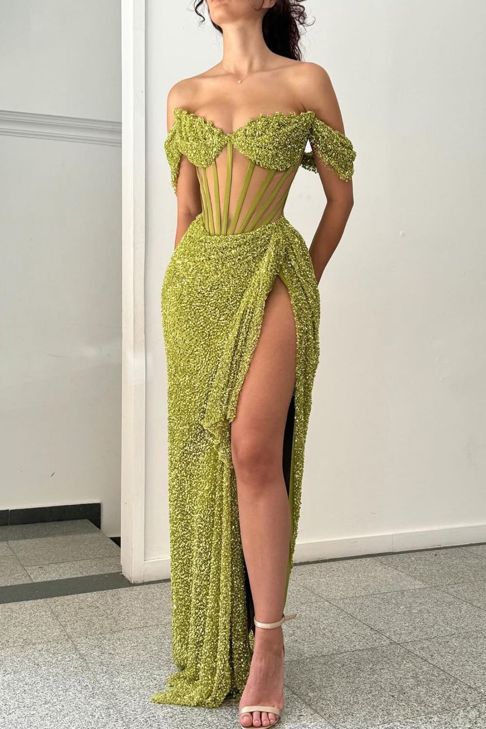 Sparkly Green Off Shoulder Corset Sequin Prom Dress with High Slit