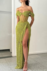 Sparkly Green Off Shoulder Corset Sequin Prom Dress with High Slit