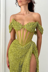 Sparkly Green Off Shoulder Corset Sequin Prom Dress with High Slit