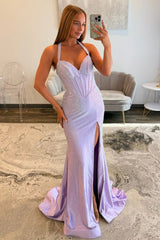 Sparkly Lavender Halter Neck Corset Beaded Mermaid Prom Dress with High Slit