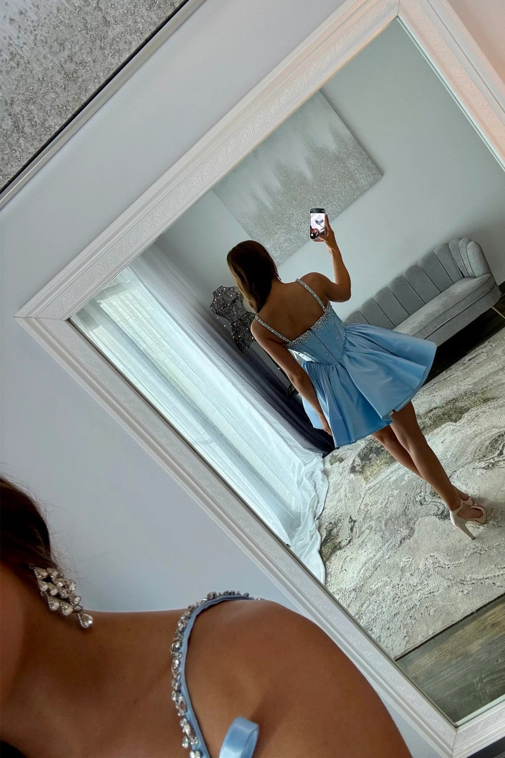Sparkly Light Blue Corset Homecoming Dress with Rhinestone Bodice and Bow Tie Straps