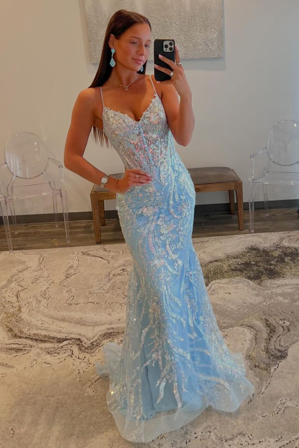 Sparkly Light Blue Mermaid Spaghetti Strap Sequin Prom Dress