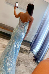 Sparkly Light Blue Mermaid Spaghetti Strap Sequin Prom Dress