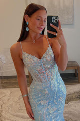 Sparkly Light Blue Mermaid Spaghetti Strap Sequin Prom Dress