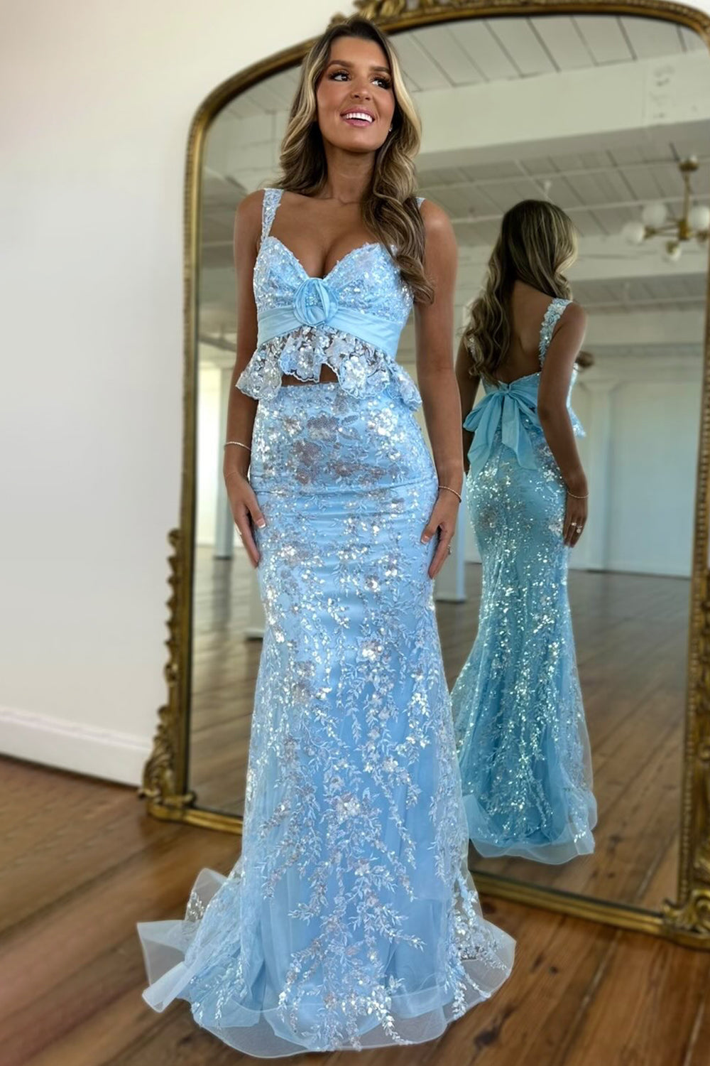 Sparkly Light Blue Sequin Lace Mermaid Prom Dress with Bow Back and Ruffle Peplum Design