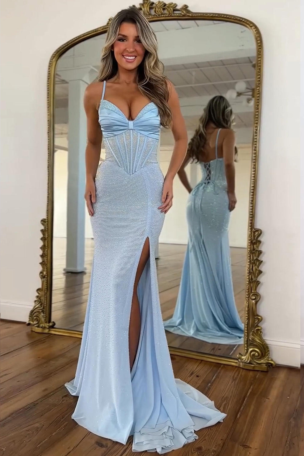 Sparkly Light Blue Spaghetti Straps Mermaid Corset Prom Dress with Slit