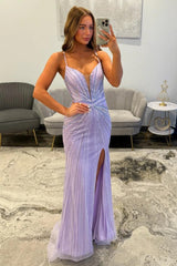 Sparkly Lilac Spaghetti Straps Long Beaded Prom Dress with Side Slit